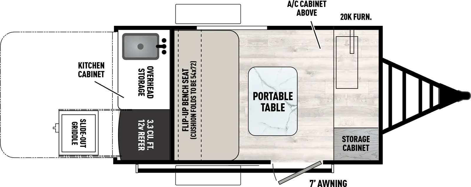 The Clipper ROK 8000ROK floorplan has one entry and zero slide outs. Exterior features include: metal exterior, 7' awning and outside kitchen. 